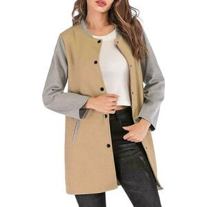 Women Lady Long Woolen Coat Autumn Long Sleeve Contrast Color Patchwork Size L